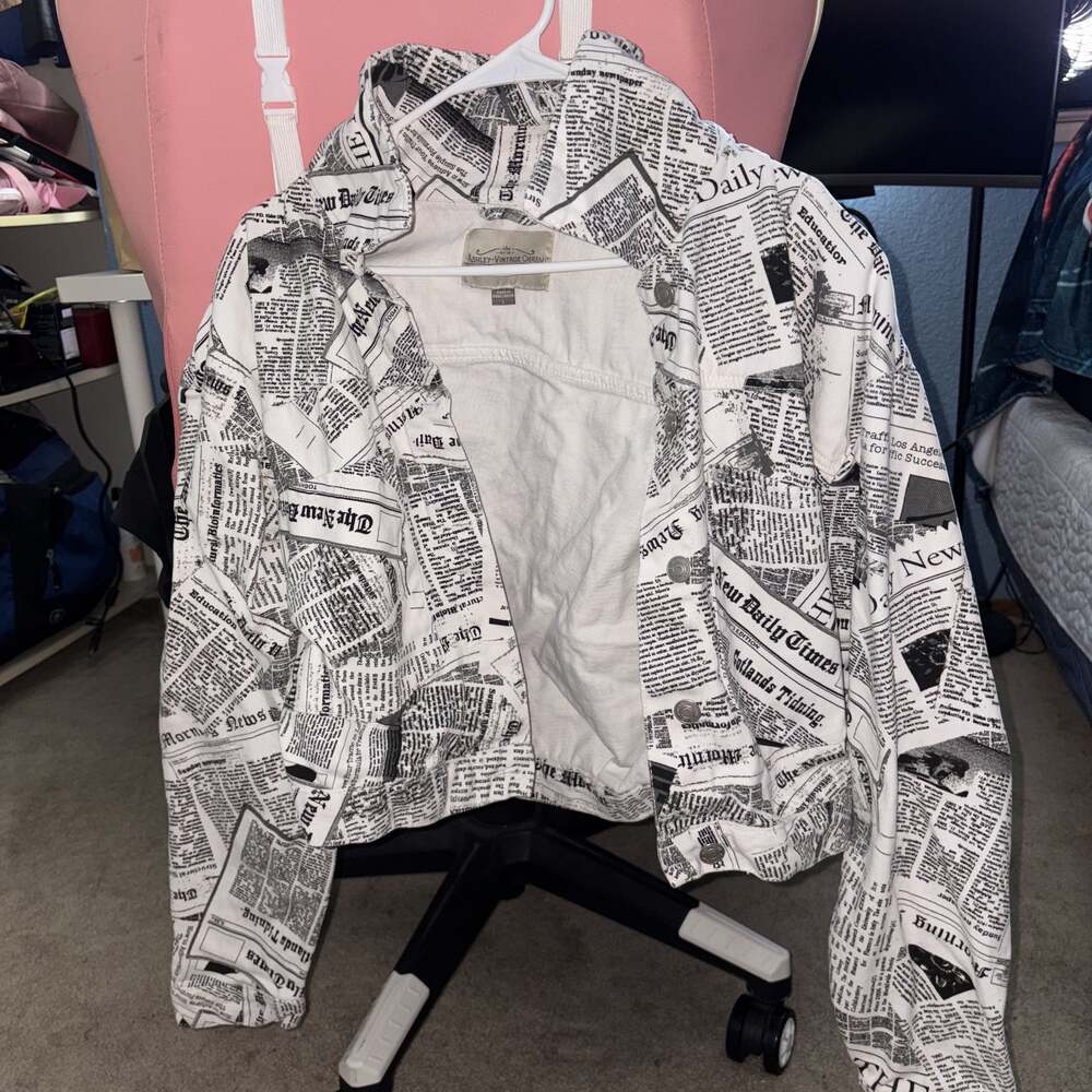 Ashley Vintage Charm 90s Newspaper Print Denim Jacket
